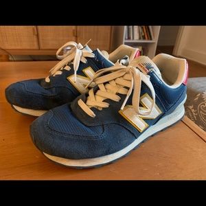 New Balance 574, Blue w yellow trim & red heel